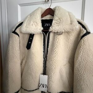 Zara Cream Faux Shearling Jacket with Black Accents